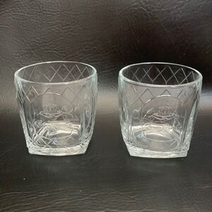 Crown Royal Whiskey 2 Glasses Embossed Stamped Diamond Cut Rocks Bar Cocktail